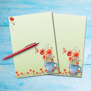 Copo cheio de papoulas papel para escrever cartas A5, suprimentos para amigos por correspondência, folhas de papelaria com ou sem forro, papel para cartas bonito com/sem linhas