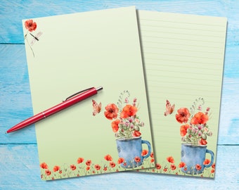 Tasse pleine de coquelicots A5 papier à lettres, fournitures pour correspondants, feuilles de notes lignées ou non lignées, papier à lettres mignon avec / sans lignes