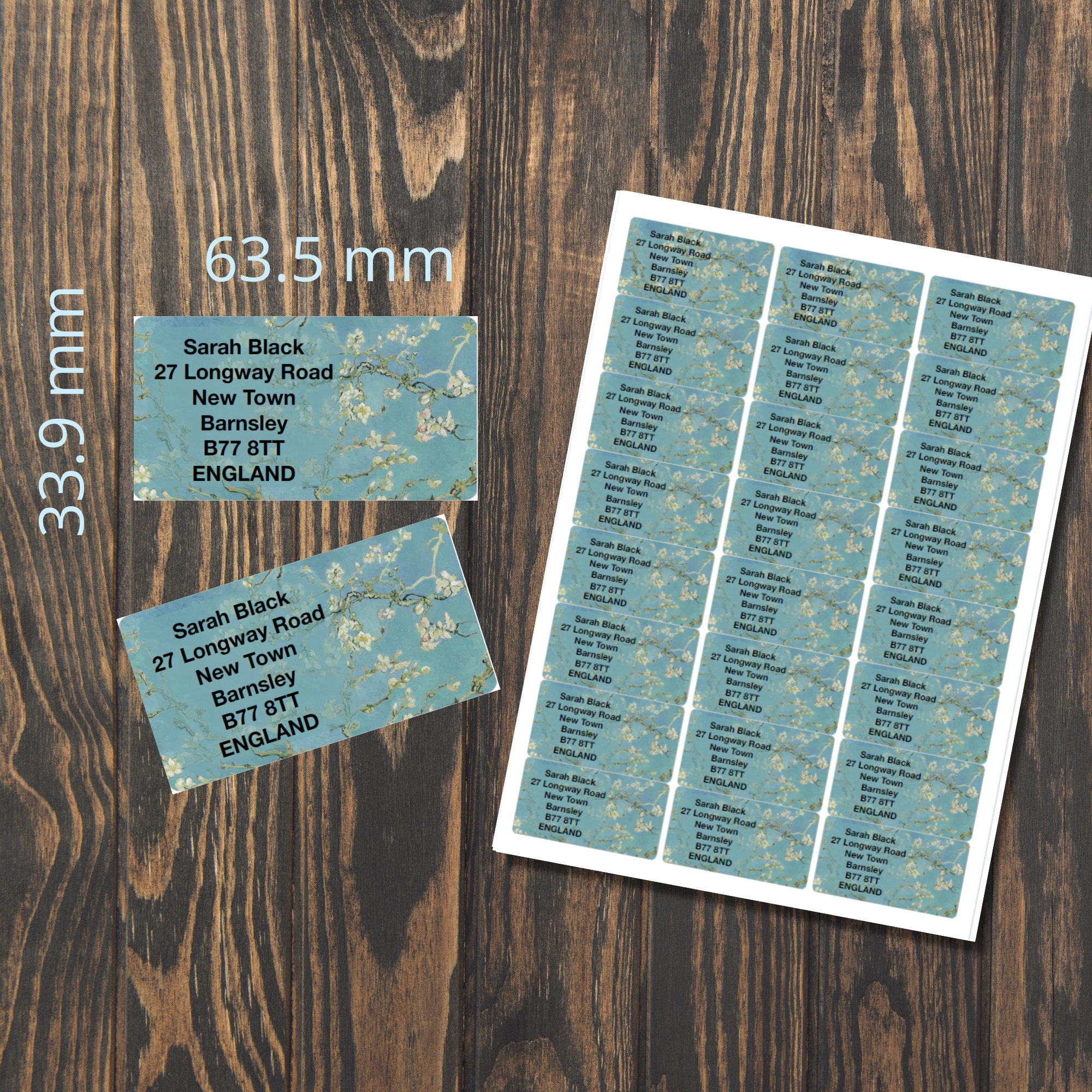 Almond Blossom-Van Gogh self adhesive return address labels, 24 labels per sheet, 63.5 x 33.9 mm rectangular stickers with rounded corners