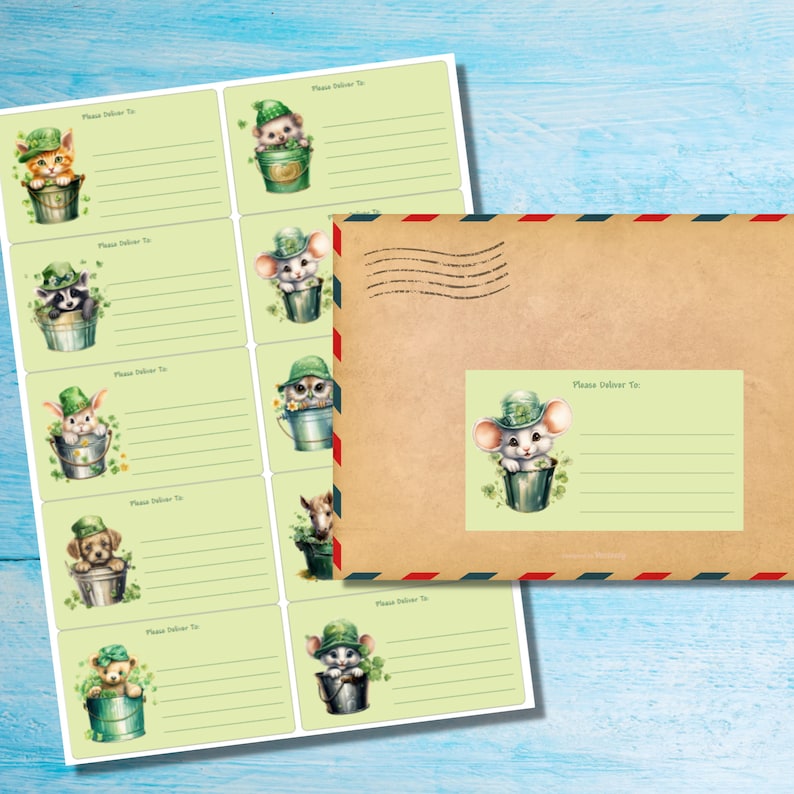 May include: A sheet of green and white printable labels with cute cartoon animals wearing green hats and holding shamrocks. Each label has the text "Please Deliver To" and a blank line for writing a name. The labels are designed for St. Patrick's Day.