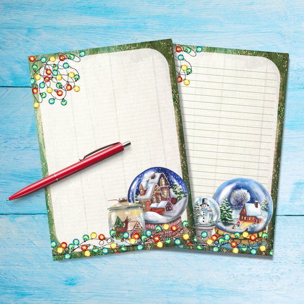 Snow Globes A5 letter writing paper, Pen pal supplies, Stationery lined or unlined letter sheets, Cute notepaper with or without lines