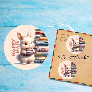 Pegatinas de conejo de libro, paquete de 20 pegatinas redondas mate cortadas individualmente, lindas etiquetas decorativas de correo feliz para correo postal, pegatinas para correo de amigos por correspondencia