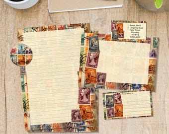 May include: Stationery set featuring lined paper and notecards with a vintage stamp border. The set includes a large sheet of paper, a smaller sheet, and a postcard. The text on the notecard reads "Sarah Black, 27 Longway Road, New Town, Barnsley, S77 8TT, ENGLAND."