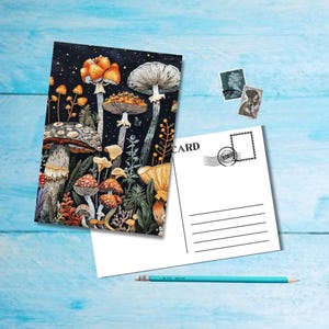 Geborduurde paddenstoelen (nr. 2), A6-kaart met afgeronde hoeken, prachtige geïllustreerde postcrossing enkele kaart 14,8 cm x 10,5 cm