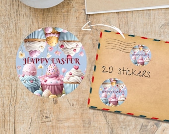May include: A round sticker with a light blue background featuring cupcakes and the text "Happy Easter". An envelope with the text "20 stickers" and two smaller stickers with the same design is also visible.