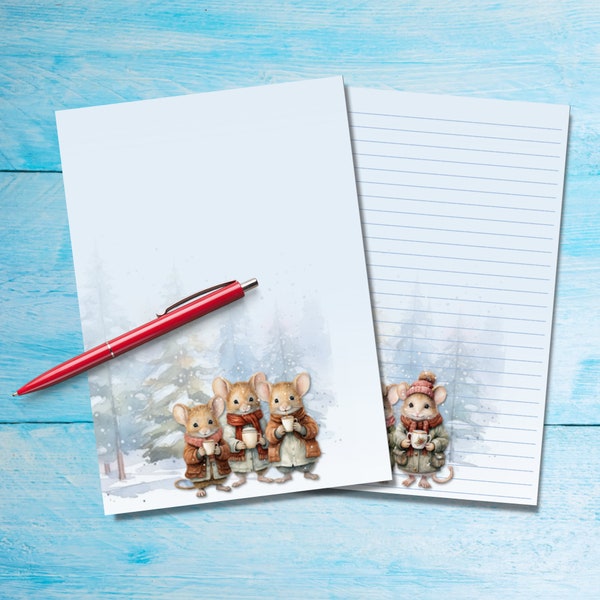Winter Mice A5 letter writing paper, Pen pal supplies, Stationery lined or unlined single sheets, Cute notepaper with/without lines