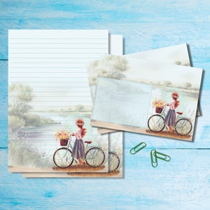 Conjunto de papelaria Bicycle View, papel de carta A5 com envelopes combinando, kit de suprimentos para amigos por correspondência, folhas pautadas/sem pauta