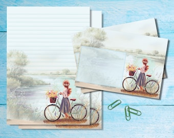 Bicycle View stationery set, A5 letter writing paper with matching envelopes, Snail mail pen pal supplies kit, Lined / unlined sheets