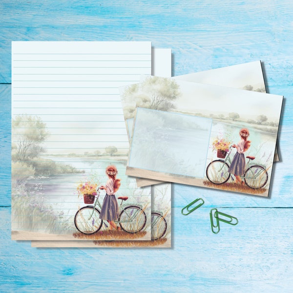 Bicycle View A5 letter writing stationery set with matching envelopes, Cute penpal supplies, Snail mail kit, Lined or unlined sheets