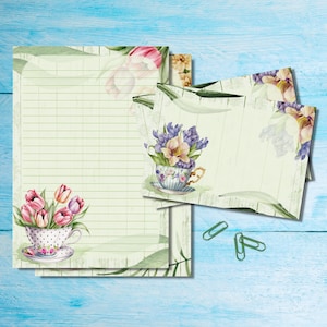 Conjunto de papelaria Teacups in Bloom A5, suprimentos fofos para amigos por correspondência, kit de correio, folhas pautadas/sem pauta, envelopes e adesivos combinando
