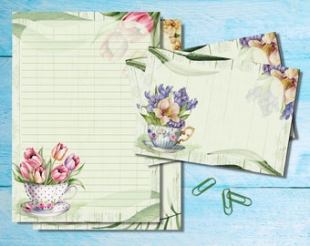 Teacups in Bloom A5 letter writing stationery set, Cute penpal supplies, Snailmail kit, Lined /unlined sheets matching envelopes & stickers