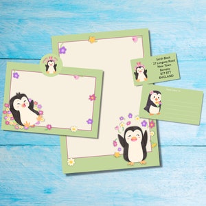 Spring Penguins abbinato al kit di lettere per corrispondenza / posta ordinaria, carta da lettere A5, buste, etichette per indirizzi, etichette PDT, adesivi rotondi per posta felice