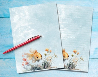 Goldfish A5 letter writing paper, Pen pal supplies, Stationery lined or unlined letter sheets, Cute notepaper with or without lines