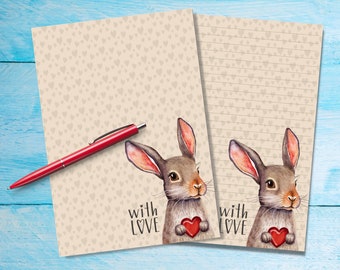 Rabbit With Love A5 letter writing paper, Pen pal supplies, Stationery lined or unlined letter sheets, Cute notepaper with/without lines