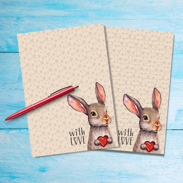 Rabbit With Love A5 letter writing paper, Pen pal supplies, Stationery lined or unlined letter sheets, Cute notepaper with/without lines