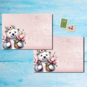 Floral Polar Bear envelopes pack of 5 or 10, Happy mail envelopes for pen pals letters, C6 size postable decorated envelopes