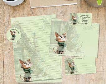 Quirky Kitty matching penpal letter kit, A5 writing paper, envelopes, address labels, PDT labels, round happy mail stickers