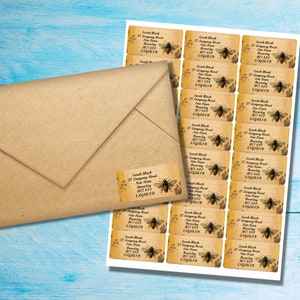 Vintage Bees self adhesive return address labels, 24 labels per sheet, 63.5 x 33.9 mm rectangular stickers with rounded corners zdjęcie 1