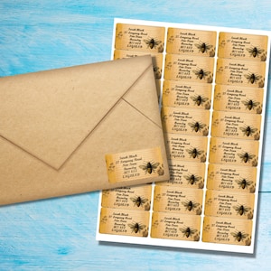 Vintage Bees self adhesive return address labels, 24 labels per sheet, 63.5 x 33.9 mm rectangular stickers with rounded corners zdjęcie 1