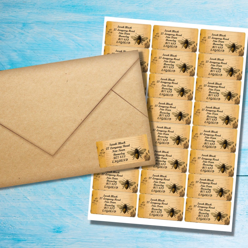 Vintage Bees self adhesive return address labels, 24 labels per sheet, 63.5 x 33.9 mm rectangular stickers with rounded corners zdjęcie 1