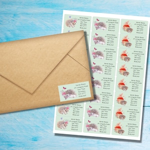 Floral Hedgehogs self adhesive return address labels, 24 labels per sheet, 63.5 x 33.9 mm rectangular stickers with rounded corners