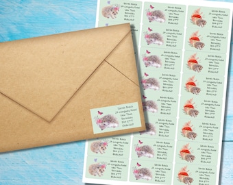 Floral Hedgehogs self adhesive return address labels, 24 labels per sheet, 63.5 x 33.9 mm rectangular stickers with rounded corners