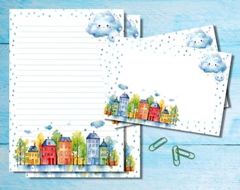 Rainbow Houses A5 letter writing stationery set, penpal supplies, Snailmail kit, Lined /unlined sheets matching envelopes & stickers