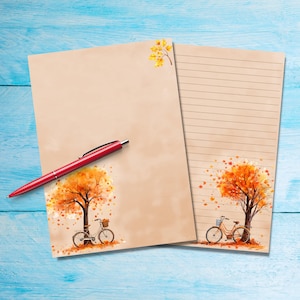 Papel para cartas tamaño A5 con bicicletas en otoño, suministros para amigos por correspondencia, hojas de papelería con o sin líneas, lindo papel para notas con o sin líneas
