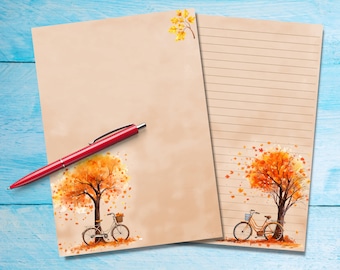 Bicycles in Autumn A5 letter writing paper, Pen pal supplies, Stationery lined or unlined letter sheets, Cute notepaper with / without lines