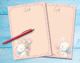 Flower Bunny A5 letter writing paper, Pen pal supplies, Stationery lined or unlined letter sheets, Cute notepaper with/without lines