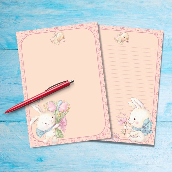 Flower Bunny A5 letter writing paper, Pen pal supplies, Stationery lined or unlined letter sheets, Cute notepaper with/without lines