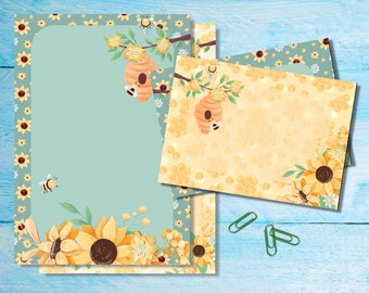 Flower Bee A5 Stationery set, Cute letter writing paper and matching envelopes pack, Pen pal writing supplies, Floral note paper