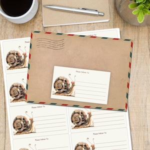 Patchwork Snail please deliver to labels, 10 self adhesive labels per sheet, Pen pal rectangular stickers for happy mail envelopes