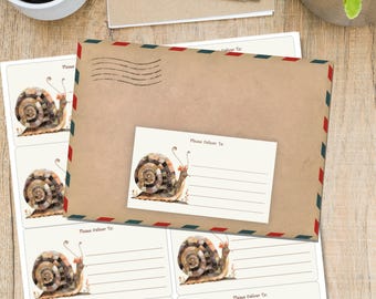 Patchwork Snail please deliver to labels, 10 self adhesive labels per sheet, Pen pal rectangular stickers for happy mail envelopes