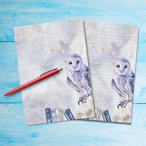 Magical Owl A5 letter writing paper, Penpal stationery supplies lined or unlined single sheets, Watercolour notepaper with /without lines