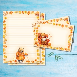 Conjunto de papelaria "Ursos no Outono", papel para escrever cartas A5 com envelopes combinando, kit de suprimentos para amigos por correspondência, folhas pautadas/sem pauta