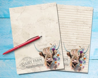 Dairy Farm A5 letter writing paper, Pen pal supplies, Stationery lined or unlined letter sheets, Cute notepaper with or without lines