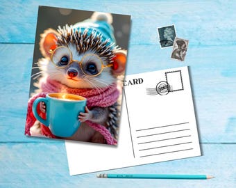 Keep Warm Hedgehog, A6 size postcard with rounded corners, beautiful illustrated postcrossing single postcard 14.8 cm x 10.5 cm