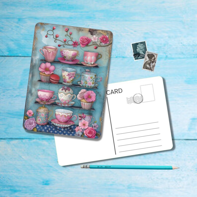 Floral Tea Postcard set of 5, A6 size postcard with rounded corners, beautiful illustrated postcrossing postcard 14.8 cm x 10.5 cm zdjęcie 5