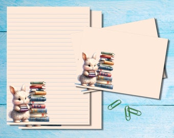 Book Bunny A5 letter writing stationery set, penpal supplies, Snailmail kit, Lined /unlined sheets matching envelopes & stickers