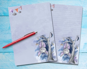 Midnight Bat A5 letter writing paper, Pen pal supplies, Stationery lined or unlined note sheets, Cute notepaper with or without lines