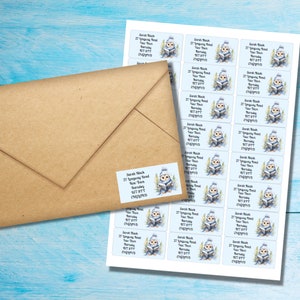 Winter Owl self adhesive return address labels, 24 labels per sheet, 63.5 x 33.9 mm rectangular stickers with rounded corners