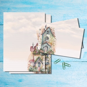 Conjunto de artigos de papelaria para escrita de cartas A5 de casas altas, suprimentos para correspondência, kit de correio tradicional, folhas forradas/sem forro combinando envelopes e adesivos