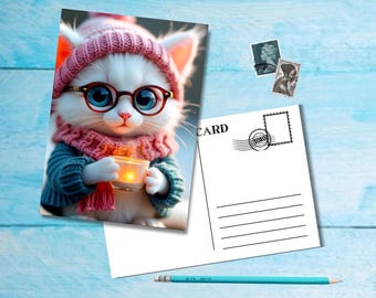 Keep Warm Cat, A6 size postcard with rounded corners, beautiful illustrated postcrossing single postcard 14.8 cm x 10.5 cm