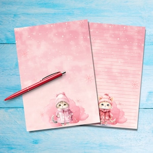 Papel para escribir cartas tamaño A5 con gatitos rosados en invierno, suministros para amigos por correspondencia, hojas de notas rayadas o sin rayar, lindo papel para notas con o sin líneas