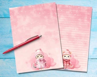 Pink Winter Kittens A5 letter writing paper, Pen pal supplies, Stationery lined or unlined note sheets, Cute notepaper with or without lines