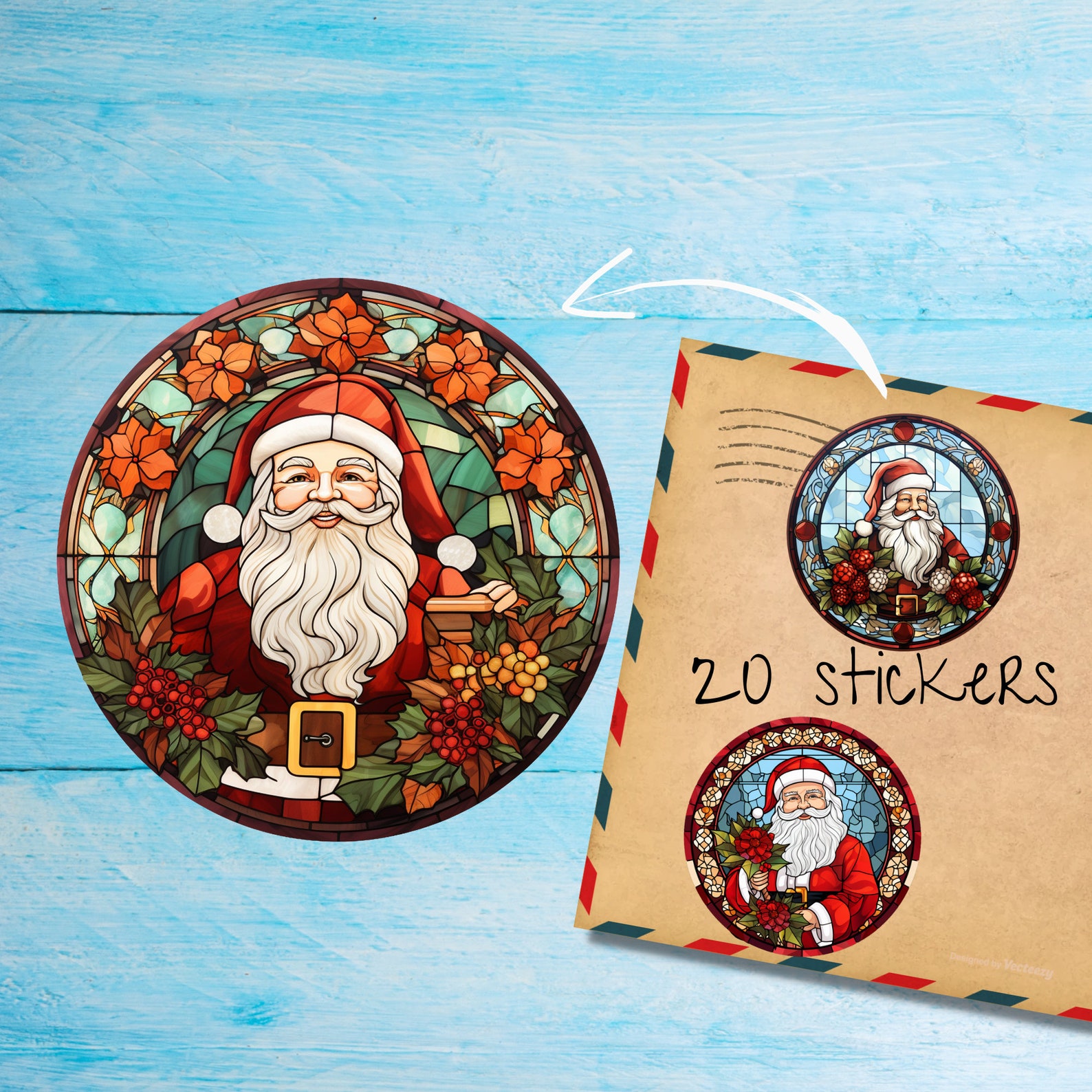 Stained Glass Santas Stickers Pack, Cute Individually Cut Round Matte ...