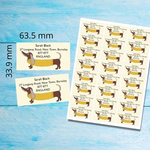 Étiquettes d'adresse auto-adhésives Sausage Dog, 24 étiquettes par feuille, autocollants rectangulaires de 63,5 x 33,9 mm avec coins arrondis image 2