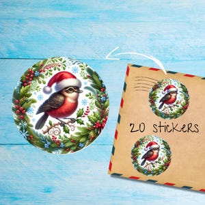 Pegatinas de petirrojo en corona, paquete de 20 pegatinas redondas mate cortadas individualmente, lindas etiquetas decorativas de correo feliz para correo postal, pegatinas para correo de amigos por correspondencia