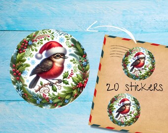Robin in Wreath-stickers, pak van 20 individueel gesneden ronde, mat, leuke decoratieve postetiketten voor post, penvriend poststickers